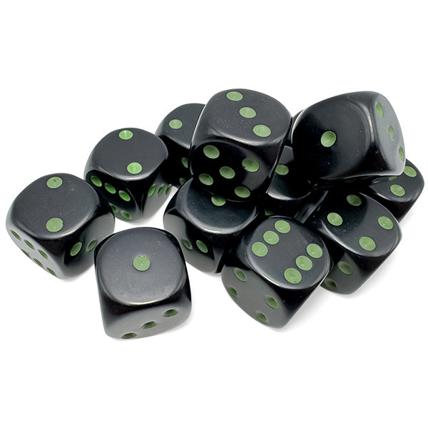 Chessex -  16mm d6 12 Dice - Opaque: Black/Green