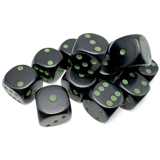 Chessex -  16mm d6 12 Dice - Opaque: Black/Green