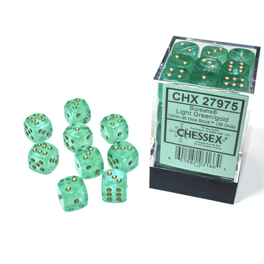 Chessex - 12mm D6 - Borealis: Light Green/Gold