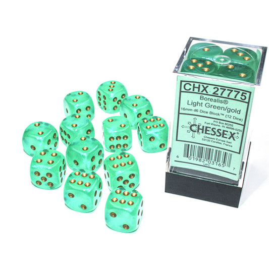 Chessex - 16mm D6 - Borealis: Light Green/Gold