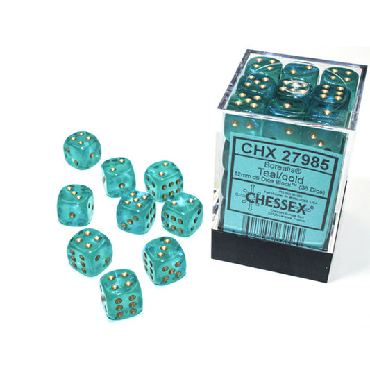 Chessex - 12mm D6 - Borealis: Teal/Gold