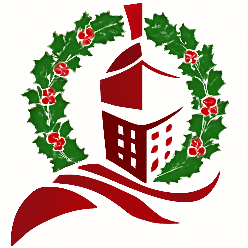 Decorative logo with a house silhouette, holly leaves, and berries on a white background