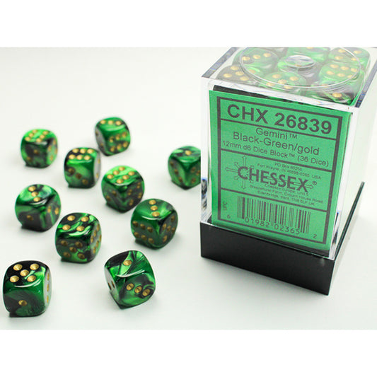 Chessex - 12mm D6 - Gemini: Black-Green/Gold