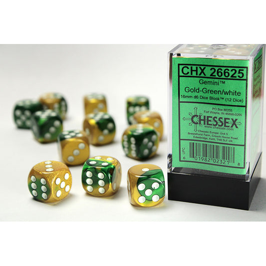 Chessex - 16mm D6 - Gemini: Gold-Green/White
