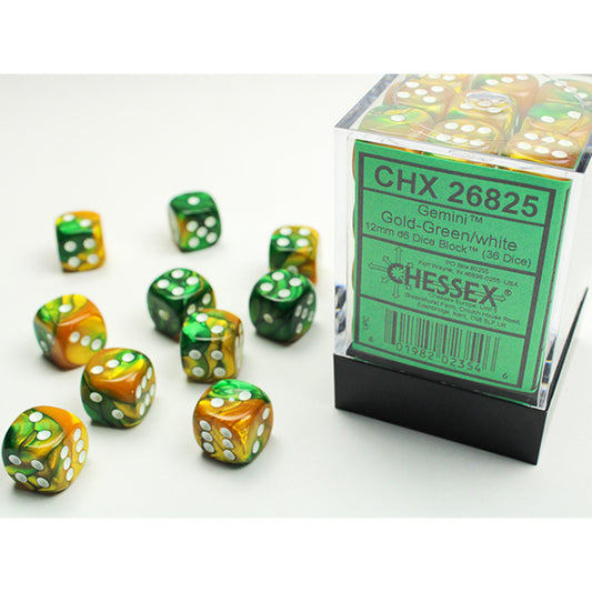 Chessex - 12mm D6 - Gemini: Gold-Green/white