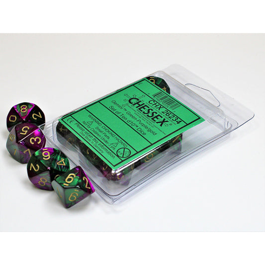 Chessex - 10 D10 - Gemini: Green-Purple/Gold