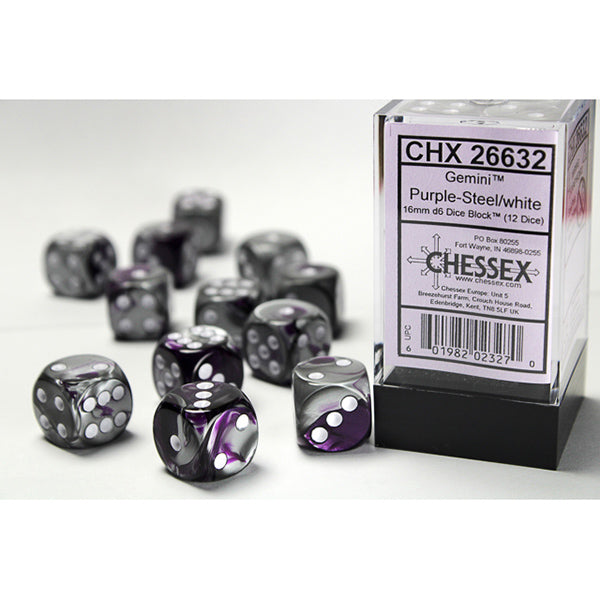 Chessex - 16mm D6 - Gemini: Purple-Steel/White