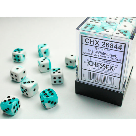 Chessex - 12mm D6 - Gemini:  Teal-White/Black