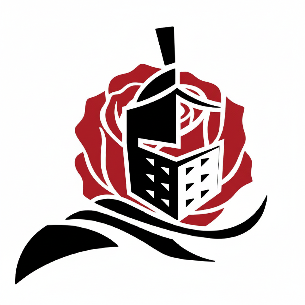 Stylized black-and-white knight’s helmet set against a red rose, with flowing black shapes beneath, resembling a bold emblem or logo.
