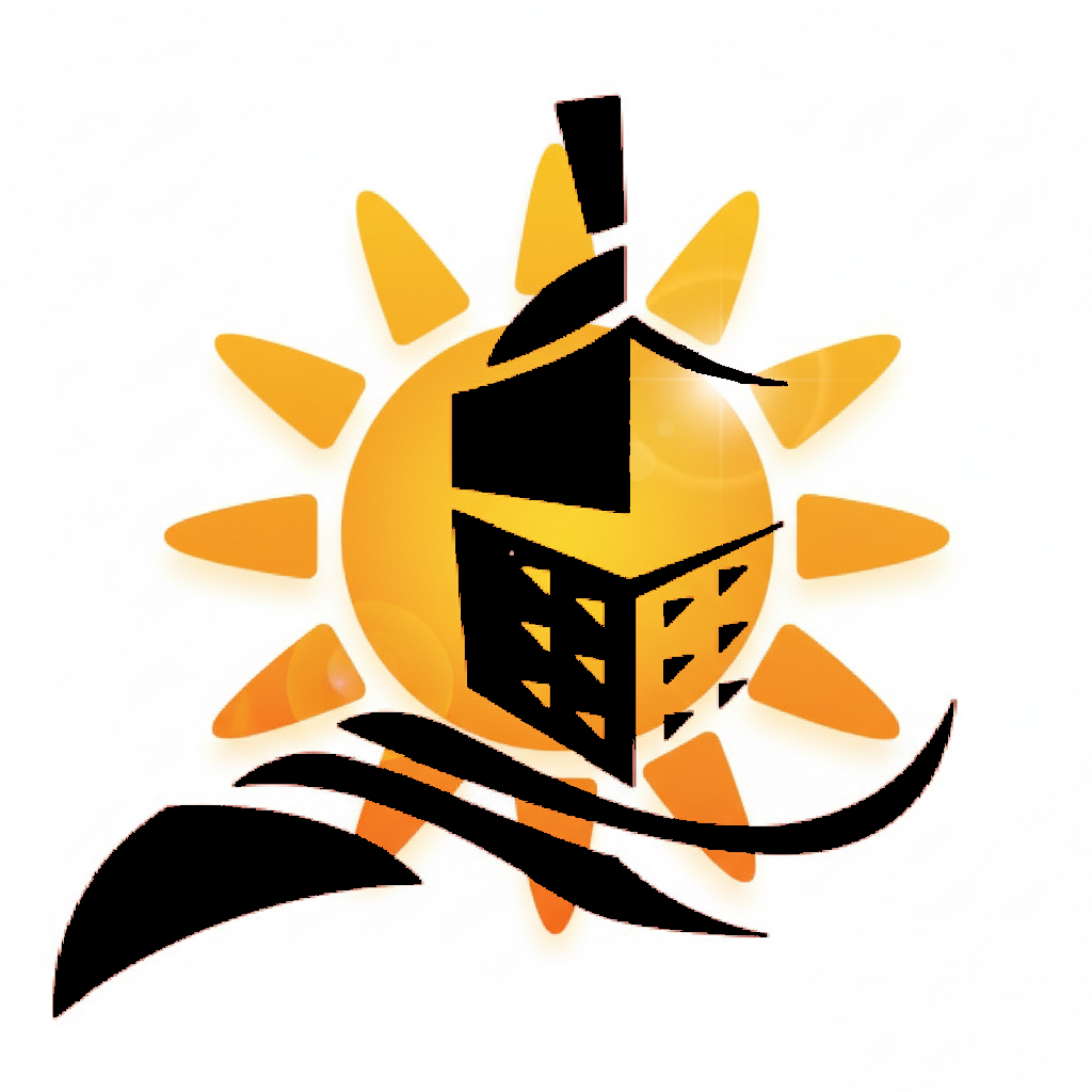 Stylized logo featuring a bright golden sun with radiating rays in the background. In front of the sun is a stylized image of a medieval knight with only negative space colored in.