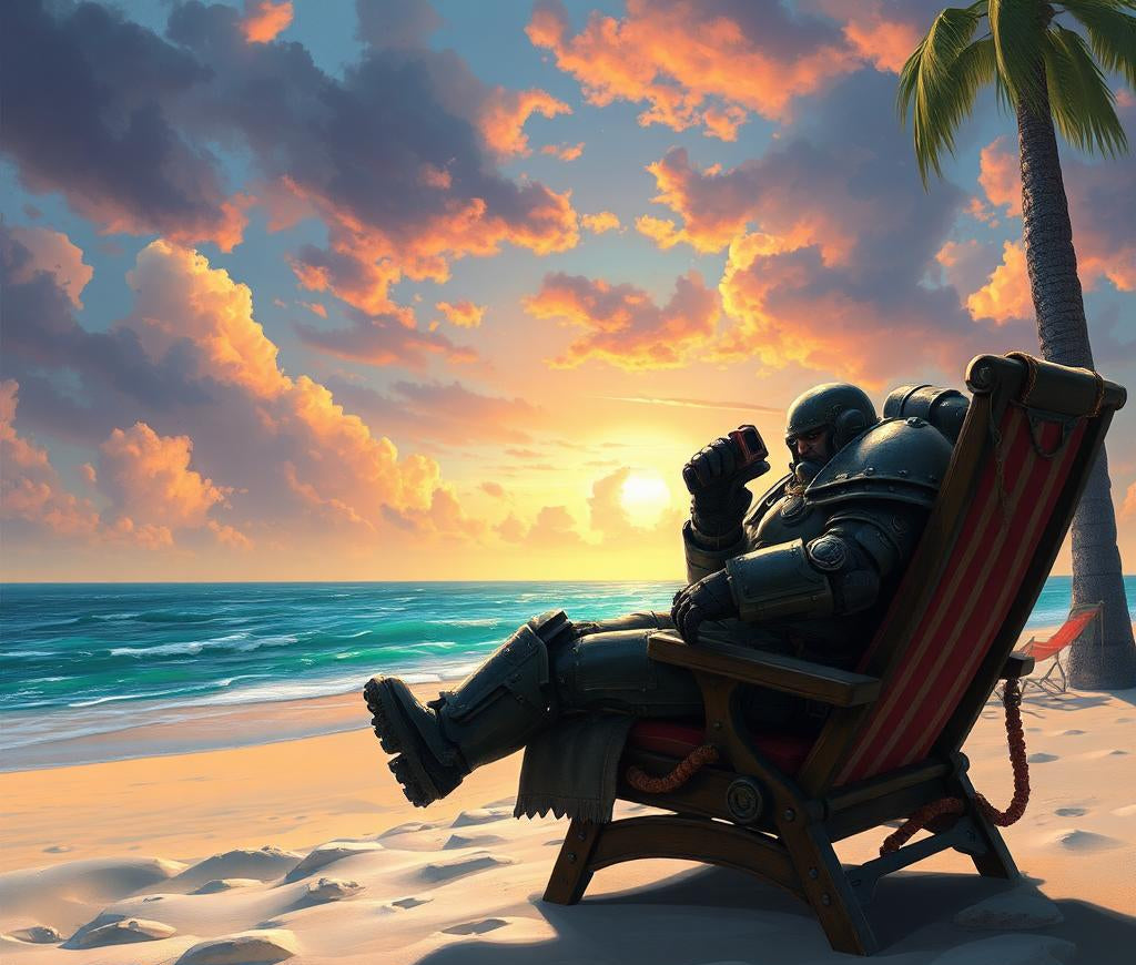 A heavily armored figure sits relaxed in a wooden beach chair on a sandy shore, holding a drink while facing the ocean. The scene is lit by a vibrant sunset, with warm orange and pink clouds stretching across the sky. Gentle waves roll in beside a palm tree, creating a calm, tropical contrast to the character’s bulky, futuristic armor.