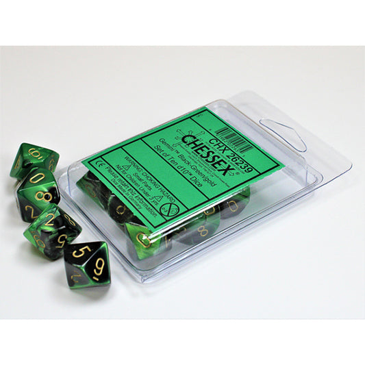Chessex - 10 D10 - Gemini: Black-Green/Gold