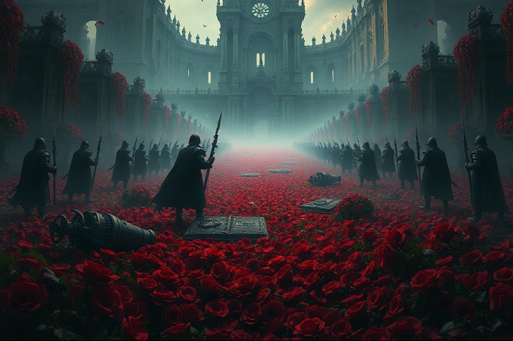 A dark, cinematic scene of a grand Gothic palace with tall spires and a large central clock, partially shrouded in mist. A long path leading to the palace is completely covered in red rose petals, with petals drifting through the air. Armored soldiers holding spears stand in symmetrical lines along the path, facing inward. The mood is ominous and ceremonial, with muted green-gray skies contrasting against the deep red roses.
